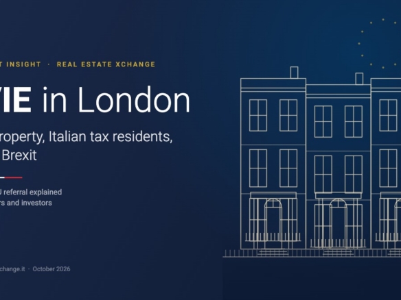 IVIE on London property: editorial illustration by Real Estate Xchange showing a London terrace and the title of the Market Insight on the Italian tax on foreign property for Italian tax residents after Brexit