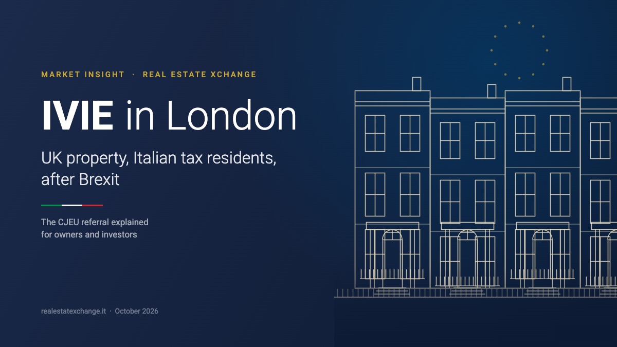 IVIE on London property: editorial illustration by Real Estate Xchange showing a London terrace and the title of the Market Insight on the Italian tax on foreign property for Italian tax residents after Brexit