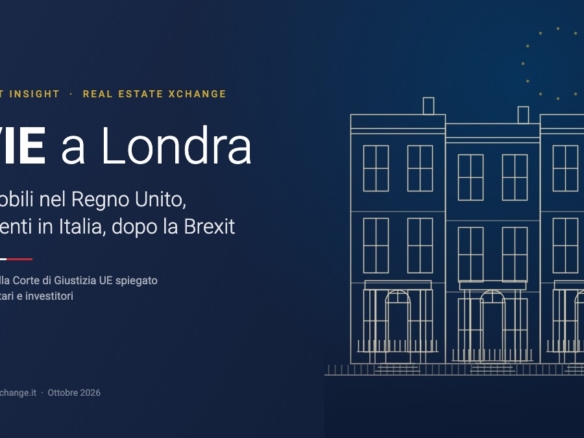 IVIE a Londra: illustrazione editoriale Real Estate Xchange con una terrace londinese e il titolo del Market Insight sulla tassazione degli immobili nel Regno Unito per i residenti in Italia dopo la Brexit