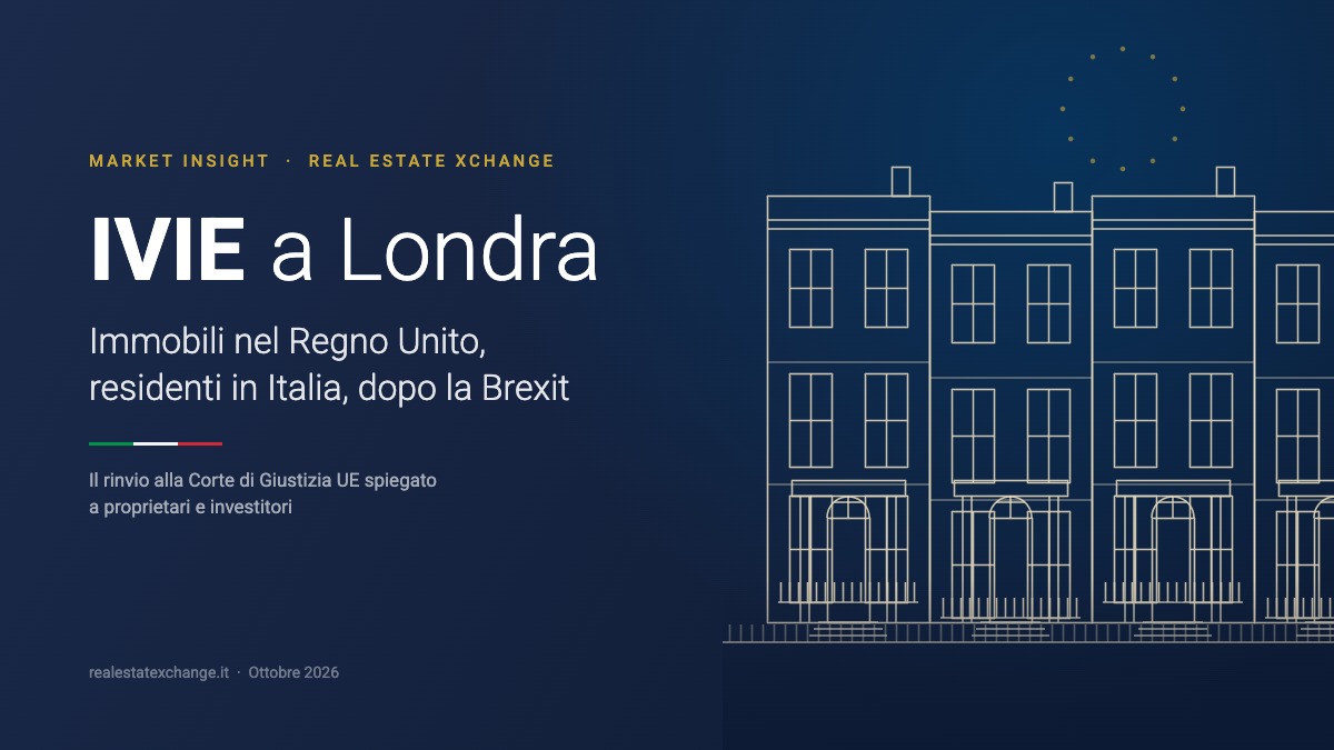 IVIE a Londra: illustrazione editoriale Real Estate Xchange con una terrace londinese e il titolo del Market Insight sulla tassazione degli immobili nel Regno Unito per i residenti in Italia dopo la Brexit